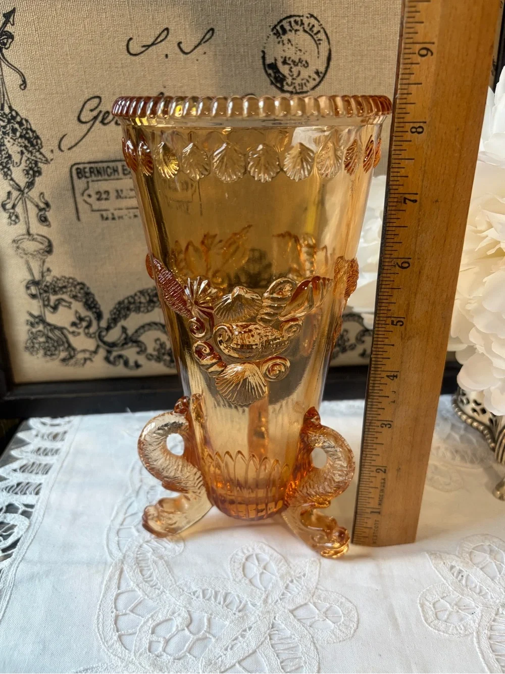 Westmoreland Amber glass footed vase seashells vintage coastal retro  beach deco